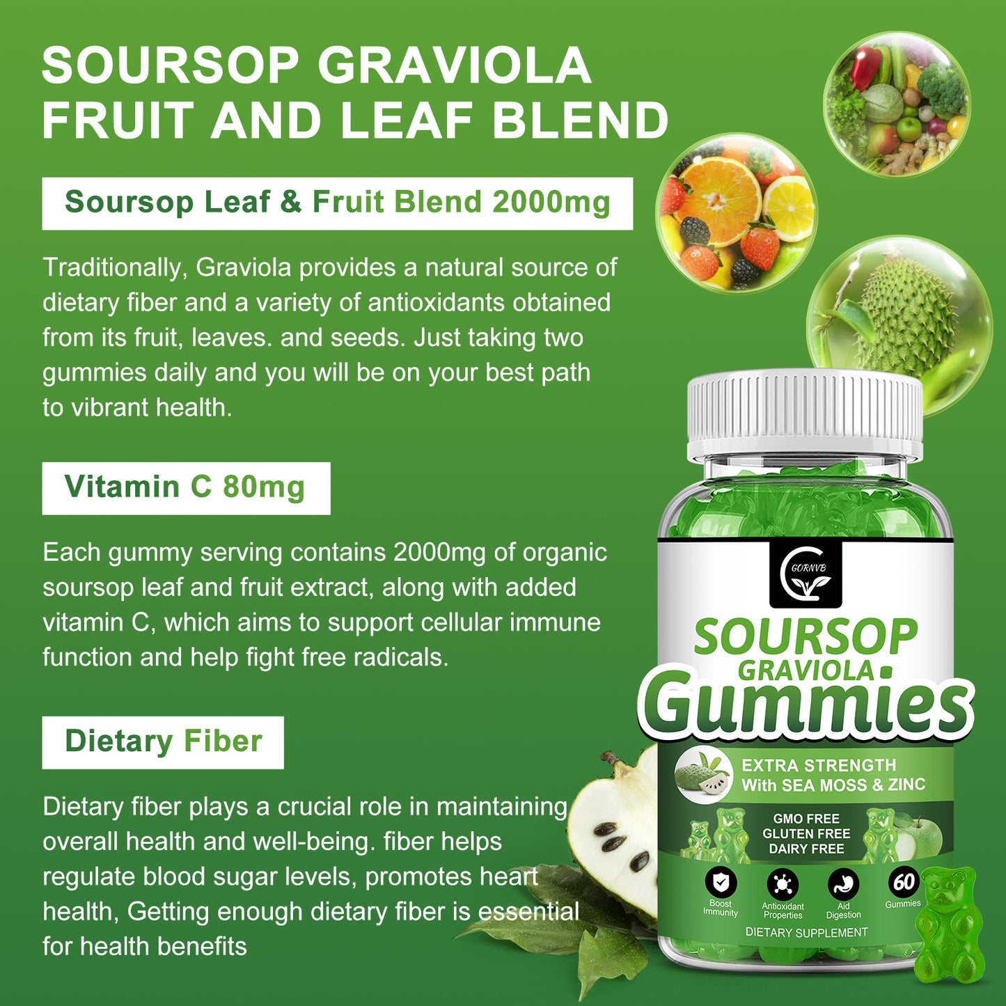 (2 Pack) Soursop Graviola Gummies - 2200mg Extra Strength Soursop Leaves Extract w/Sea Moss Extract 200mg, Zinc & Vitamin C - Supports Immunity, Liver & Digestive, Gluten Free, Vegan, 120 Gummies