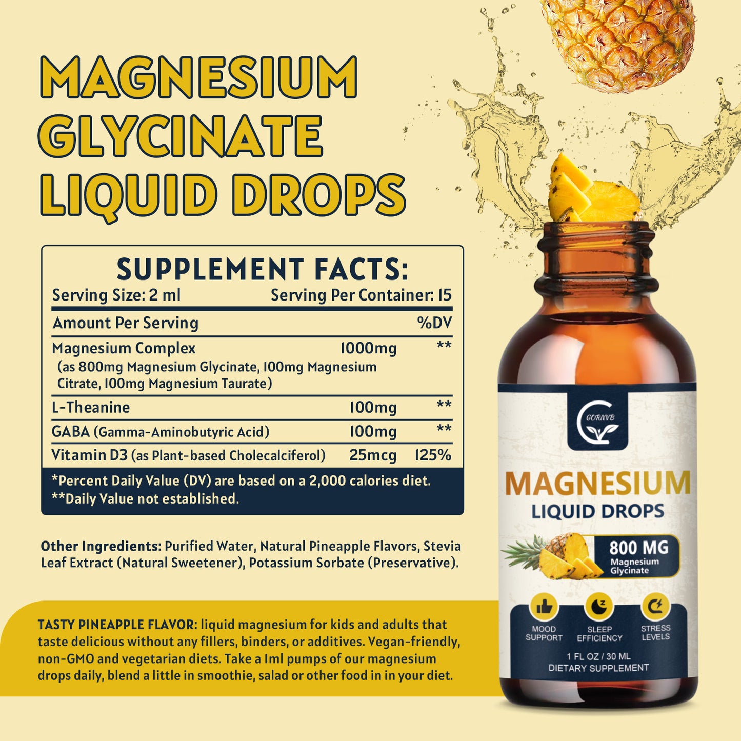 (2 Pack) Magnesium Glycinate Liquid Drops | 1000mg Liquid Magnesium Complex with D3, L-Thea & GABA for Energy, Sleep, Nerve and Heart Health, High Absorption, Pineapple Flavor