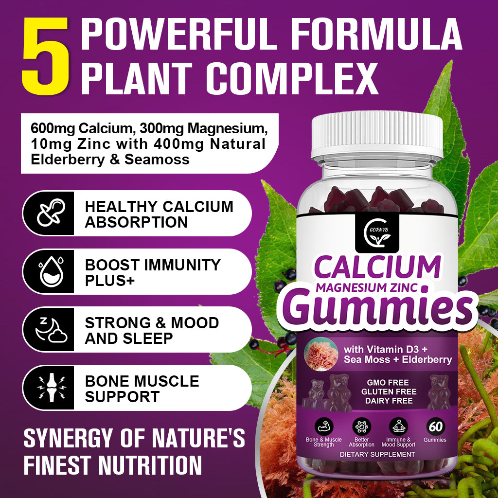 Calcium Magnesium Zinc Gummies with High Absorption Magnesium Glycinate Potassium - Plant Complex Calcium Magnesium 2:1 Ratio, with D3 Sea Moss for Bone, Muscles, Immune & Sleep Support, Vegan-2 Pack