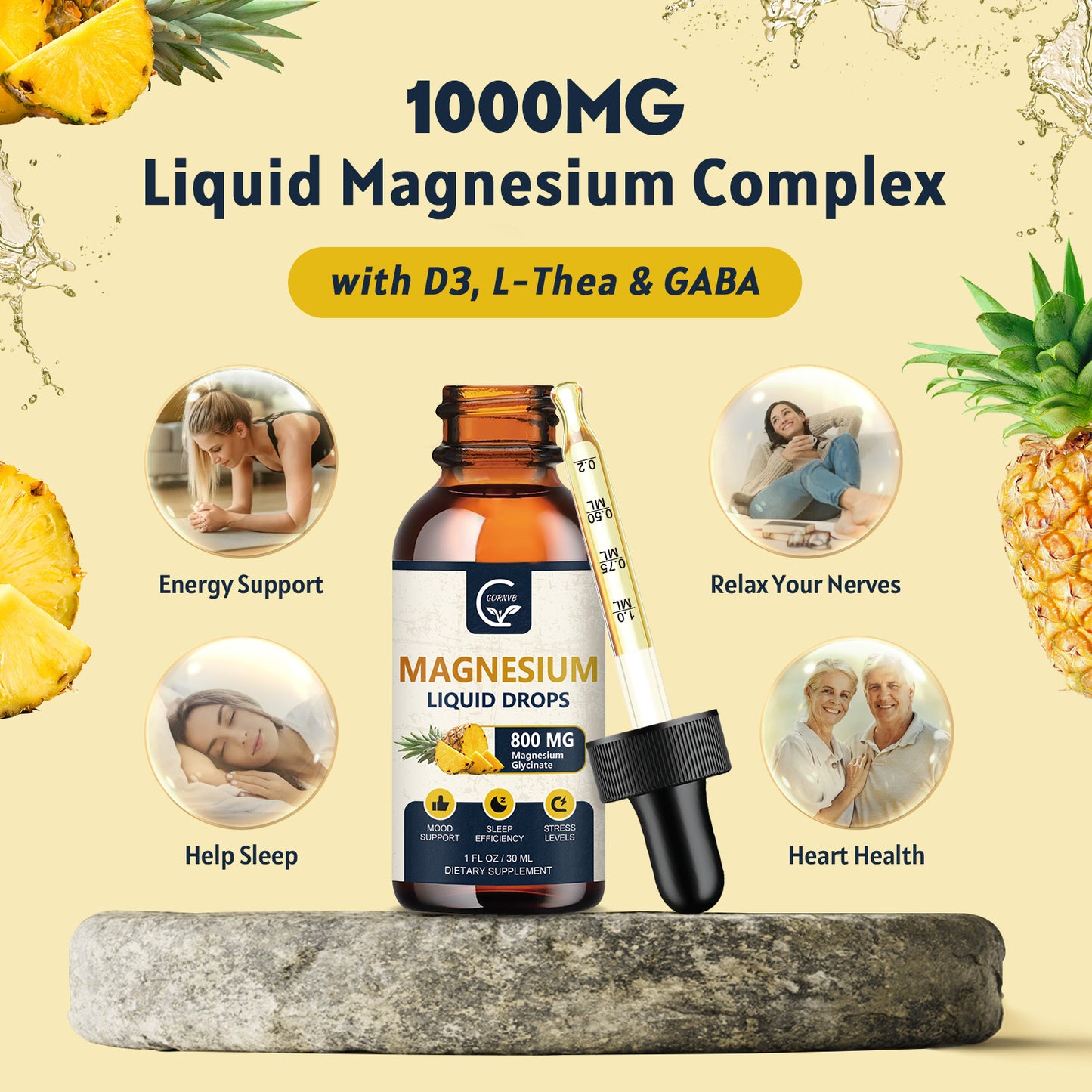 (2 Pack) Magnesium Glycinate Liquid Drops | 1000mg Liquid Magnesium Complex with D3, L-Thea & GABA for Energy, Sleep, Nerve and Heart Health, High Absorption, Pineapple Flavor