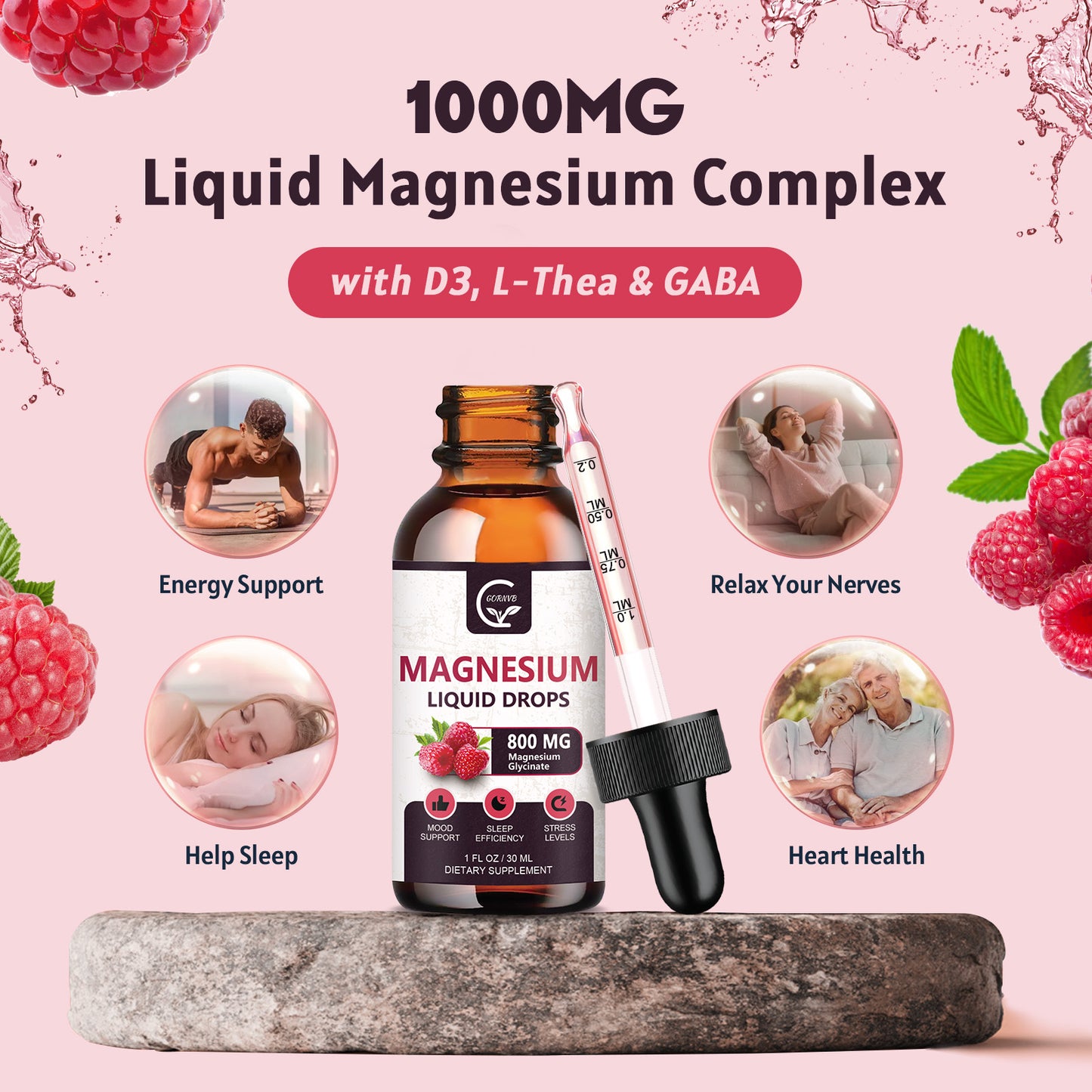 (2 Pack) Magnesium Glycinate Liquid Drops | 1000mg Liquid Magnesium Complex with D3, L-Thea & GABA for Energy, Sleep, Nerve and Heart Health, High Absorption, Raspberry Flavor