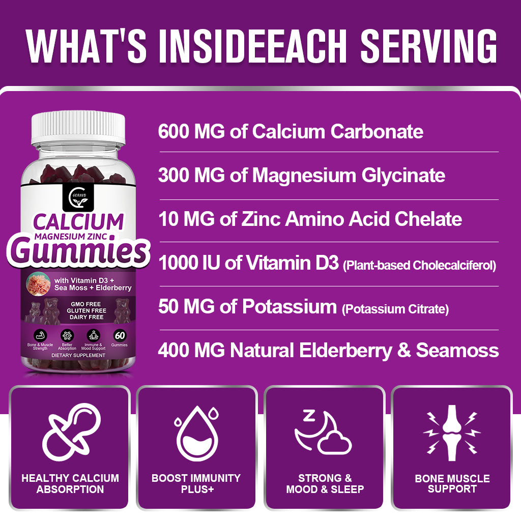 Calcium Magnesium Zinc Gummies with High Absorption Magnesium Glycinate Potassium - Plant Complex Calcium Magnesium 2:1 Ratio, with D3 Sea Moss for Bone, Muscles, Immune & Sleep Support, Vegan-2 Pack