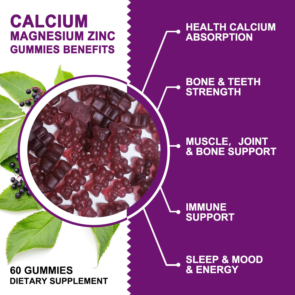 Calcium Magnesium Zinc Gummies with High Absorption Magnesium Glycinate Potassium - Plant Complex Calcium Magnesium 2:1 Ratio, with D3 Sea Moss for Bone, Muscles, Immune & Sleep Support, Vegan-2 Pack