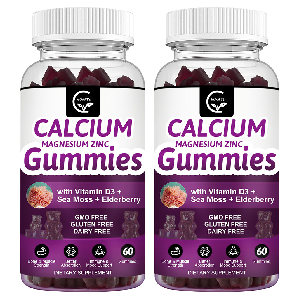 Calcium Magnesium Zinc Gummies with High Absorption Magnesium Glycinate Potassium - Plant Complex Calcium Magnesium 2:1 Ratio, with D3 Sea Moss for Bone, Muscles, Immune & Sleep Support, Vegan-2 Pack