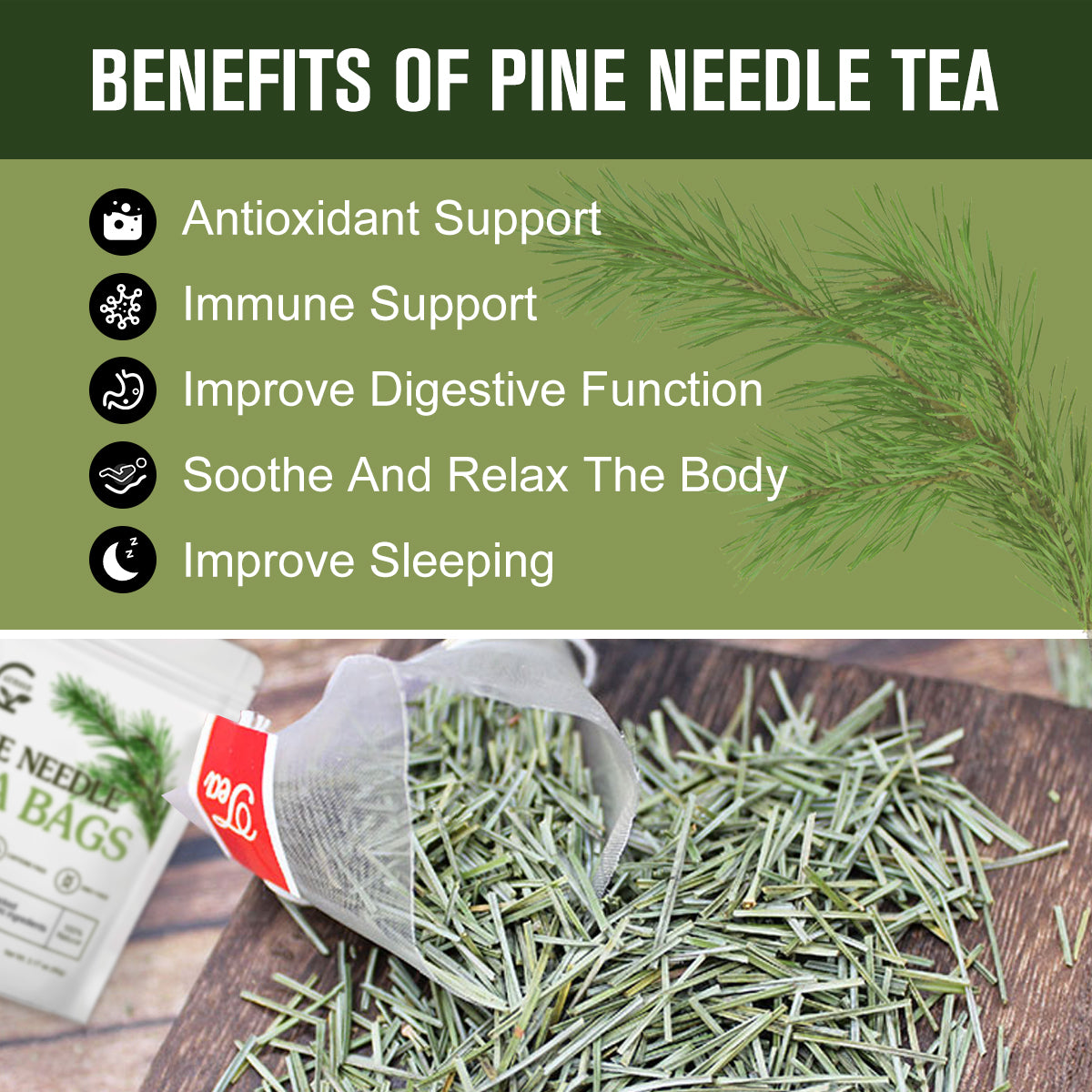 Organic Pine Needle Tea Bags - 100% Pure Natural Dried Pine Needles Herbal Tea, Effectively Antioxidant & Immune Support, Caffeine Free, 20 Tea Bags