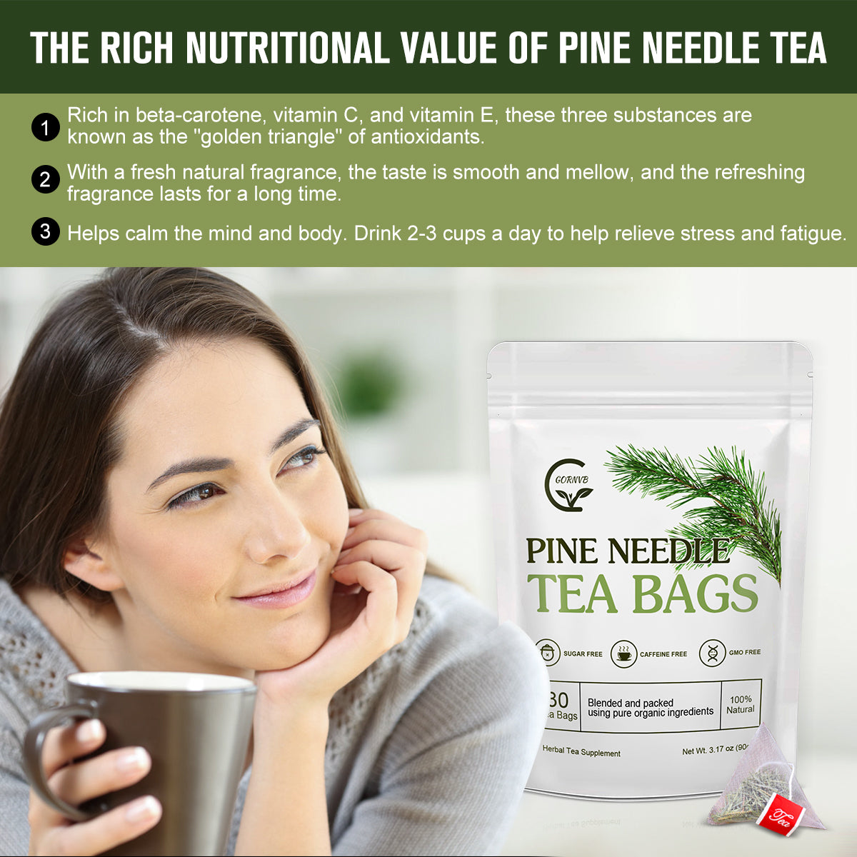 Organic Pine Needle Tea Bags - 100% Pure Natural Dried Pine Needles Herbal Tea, Effectively Antioxidant & Immune Support, Caffeine Free, 30 Tea Bags